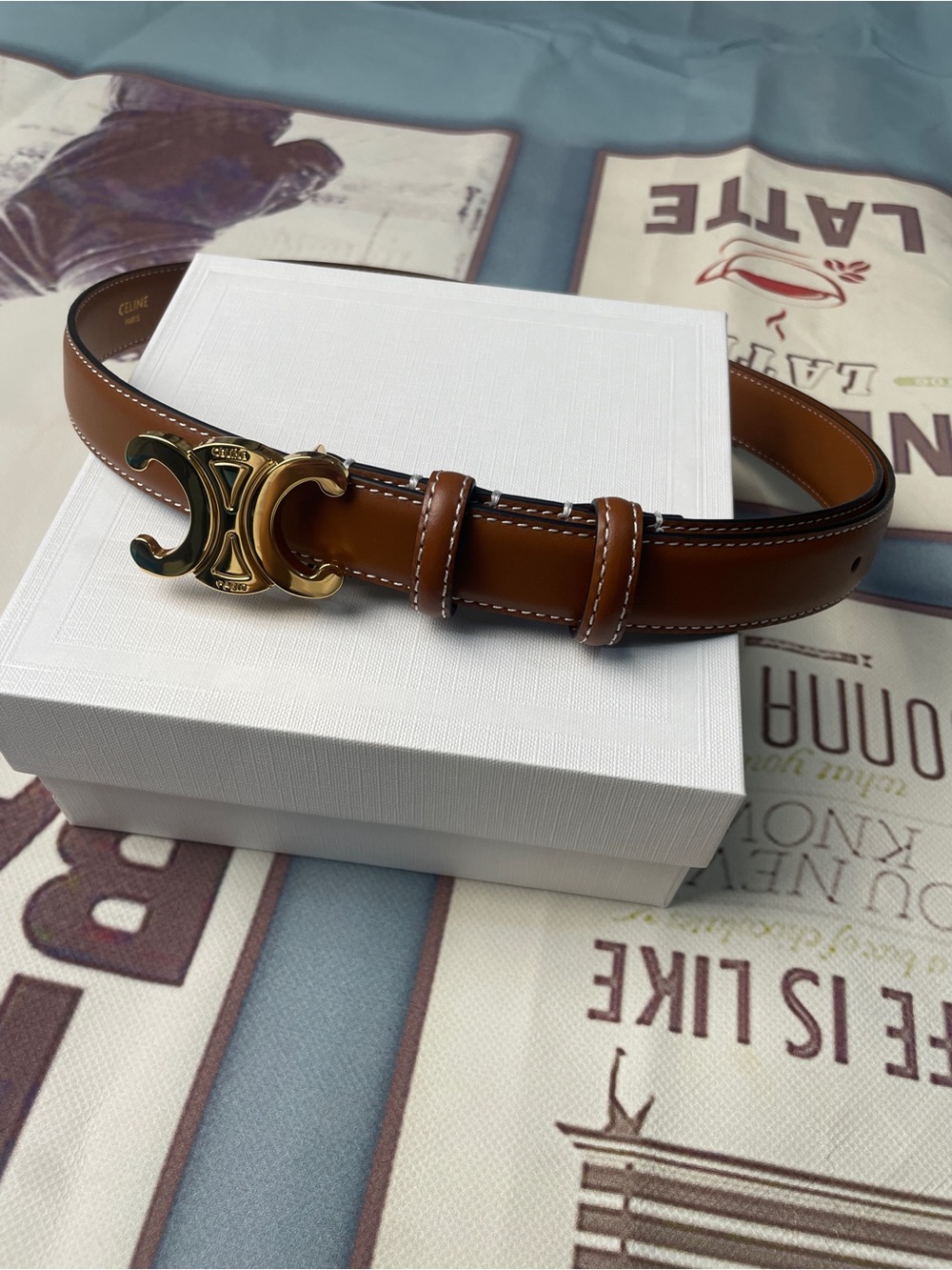 CELINE Signature Triomphe Belt Tan Leather Gold Buckle 85cm